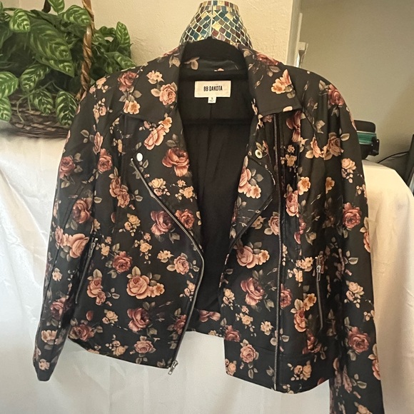 BB Dakota Black Pink Floral Rose Soft Leather Moto Jacket - Picture 7 of 13
